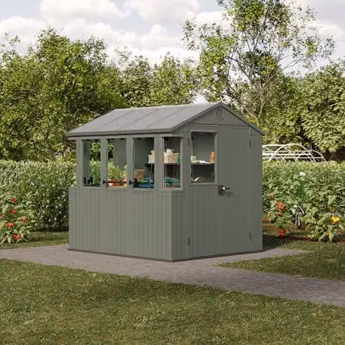 Keter Darwin Potting Shed 6x8ft in Green with Hybrid Roof, 5 Opening Windows, 2 Fixed Windows, 2 x 160cm Shelves and Lockable Design in Evotech+ Wood-Look Resin – 2