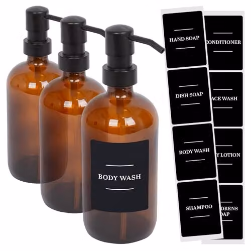 Harbour Housewares Pack of 3 Amber Glass Refillable Soap Dispensers with Pumps and Black Labels, 500ml – 1