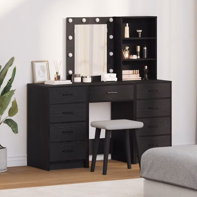 Berkfield Home 3-Piece Hollywood LED Dressing Table Set in Matt Black MDF