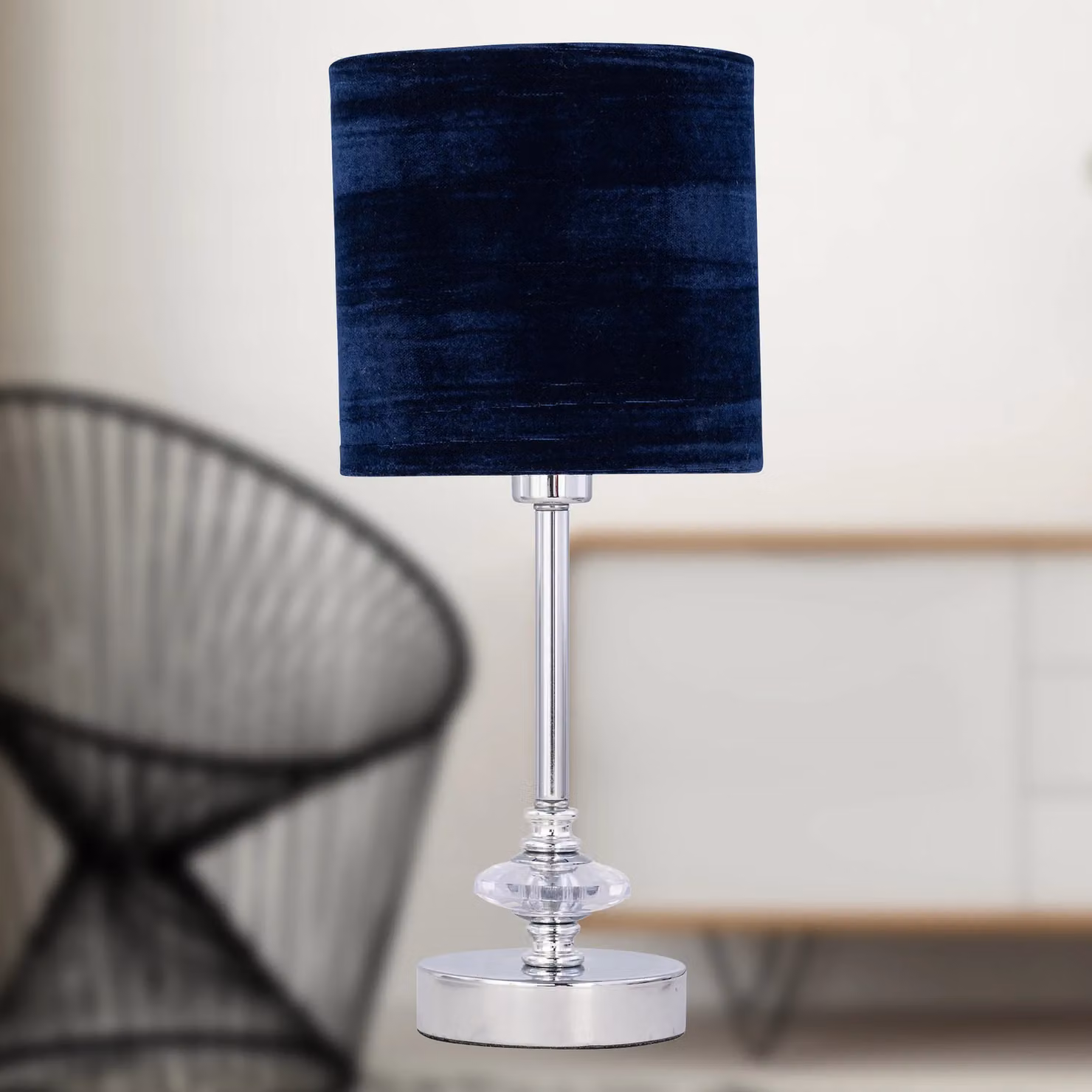 First Choice Lighting Set of 2 Chrome Jewelled Table Lamps with Navy Blue Velvet Shades – 4