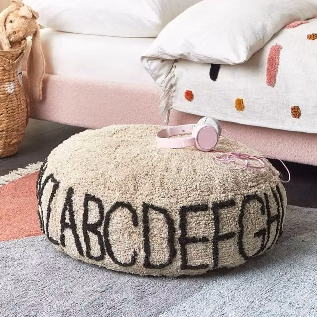 Wyld and Coco Alphabet Round Floor Cushion in Beige Cotton, W/D/H: 60 x 60 x 60 cm