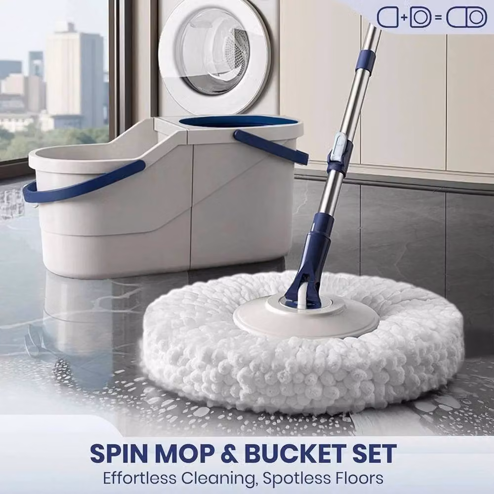 FLAVORA Cream and White Microfibre Spin Mop and Bucket Set with Wringer – 2