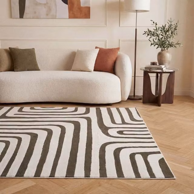 The Rugs Loft Abstract Wave Line Textured Runner in Green and Grey, W/D/H: 80 x 300 cm
