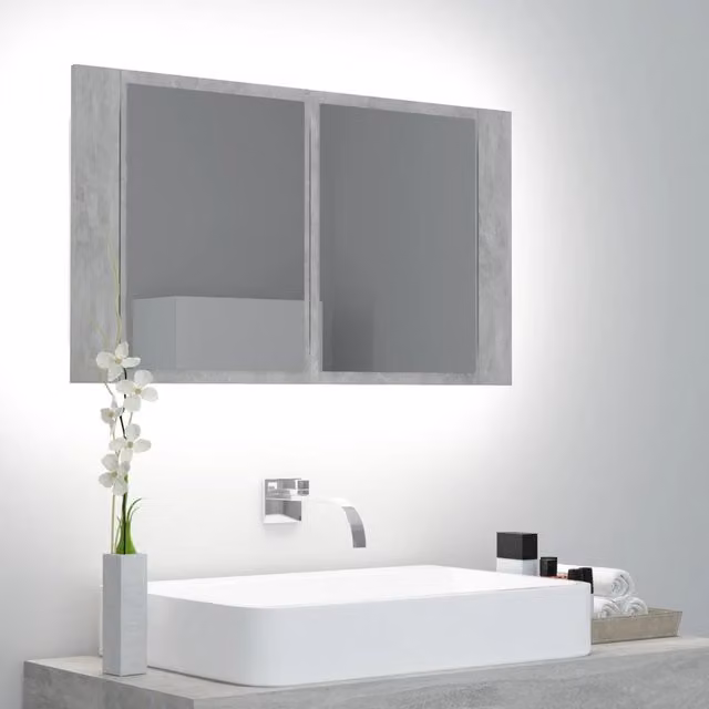 Berkfield Home LED Bathroom Mirror Cabinet in Concrete Grey, W/D/H: 80 x 12 x 45 cm