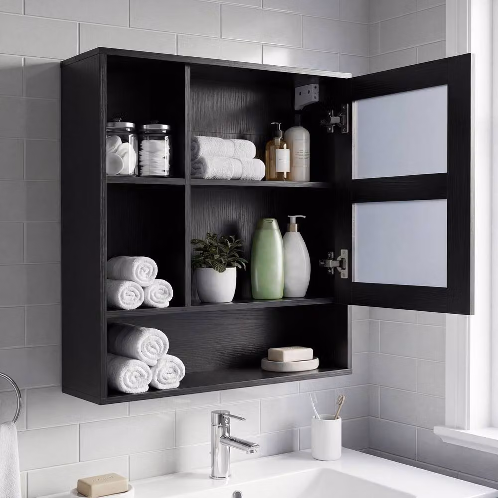 Costway Modern Black Wooden Bathroom Wall Mirror Cabinet with 3 Open Shelves – 3