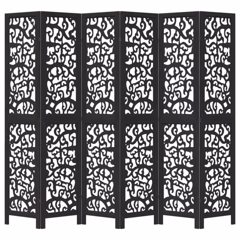 Berkfield Home 6-Panel Room Divider in Black Solid Paulownia Wood, H 215 cm x W 200 cm x D 1.6 cm – 4