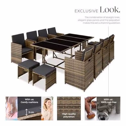 tectake Polyrattan Garden Furniture Set in Nature/Dark Grey, Including 8 Dining Chairs, 1 Table, 4 Stools and Protective Cover for Up to 12 People – 3