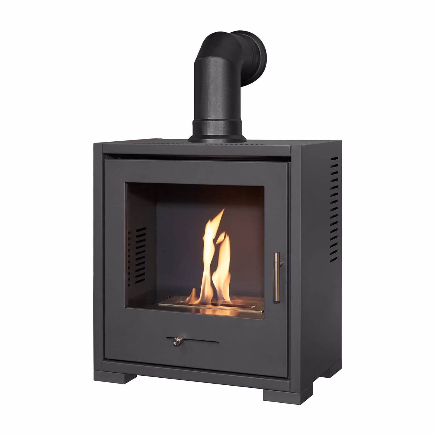 OKO S3 Bio Ethanol Stove in Charcoal Grey with Angled Stove Pipe – 2