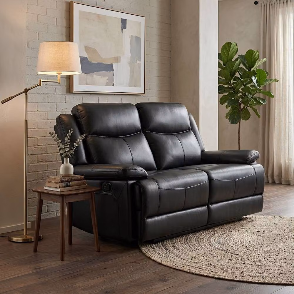 Home Luxe Interior Casper 2 Seater Manual Recliner Sofa in Black Leather, W: 130 cm, D: 45 cm – 2