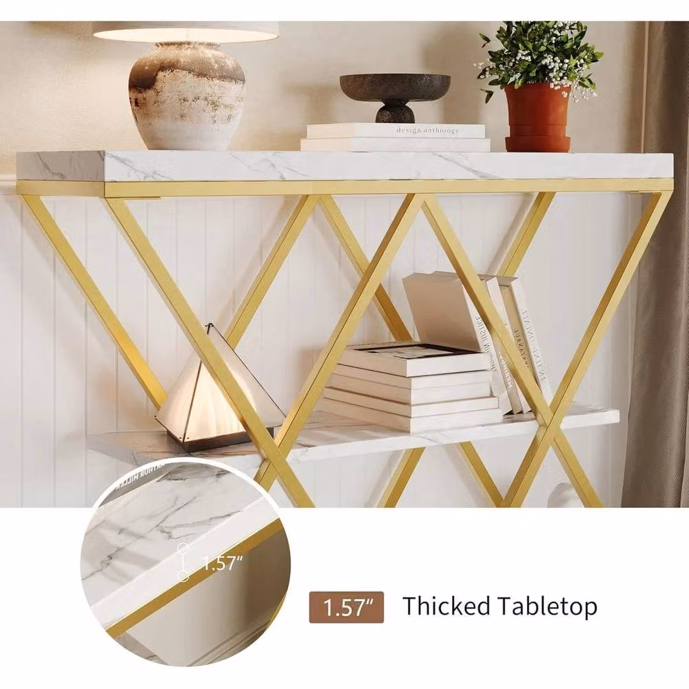 KORVIXA 3-Tier Industrial Entryway Table with X-Frame in White, W/D/H: 100 x 100 x 66.5 cm – 3