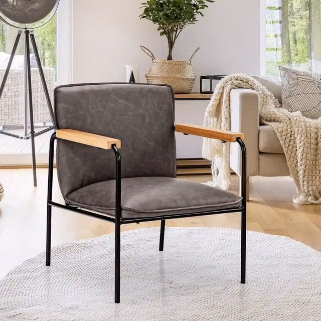 EONLION Grey PU Leather Upholstered Accent Armchair with Metal Frame and Armrests, Height: 100 cm – 1