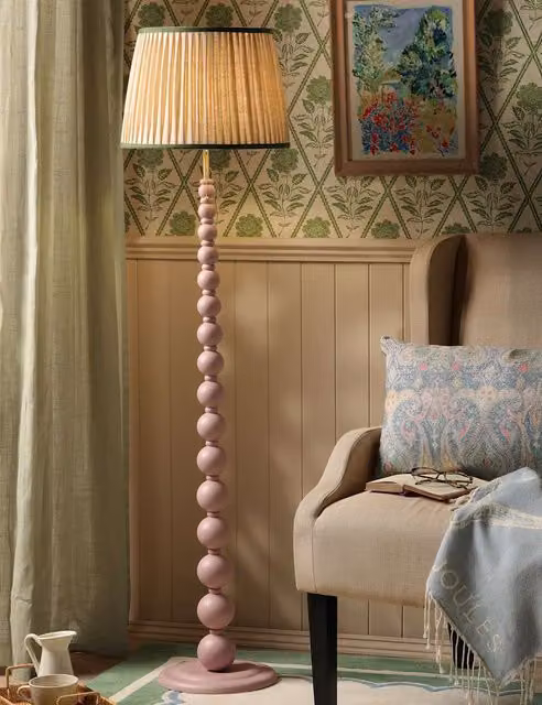 Joules Harewood Wood Bobbin Floor Lamp in Pink and Beige