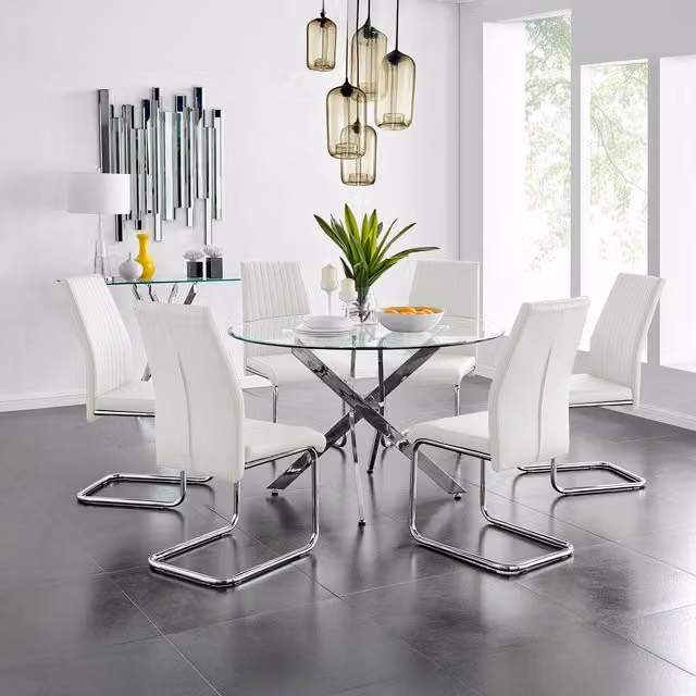 FurnitureboxUK Novara Chrome Metal and Glass Round Dining Table with 6 Lorenzo White Chairs Set, Diameter: 120 cm
