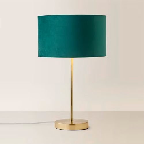 ValueLights Charlie Gold Stem Table Lamp with Green Velvet and Gold Inner Cylinder Shade, H 43.0 cm x W 25.0 cm x D 25.0 cm