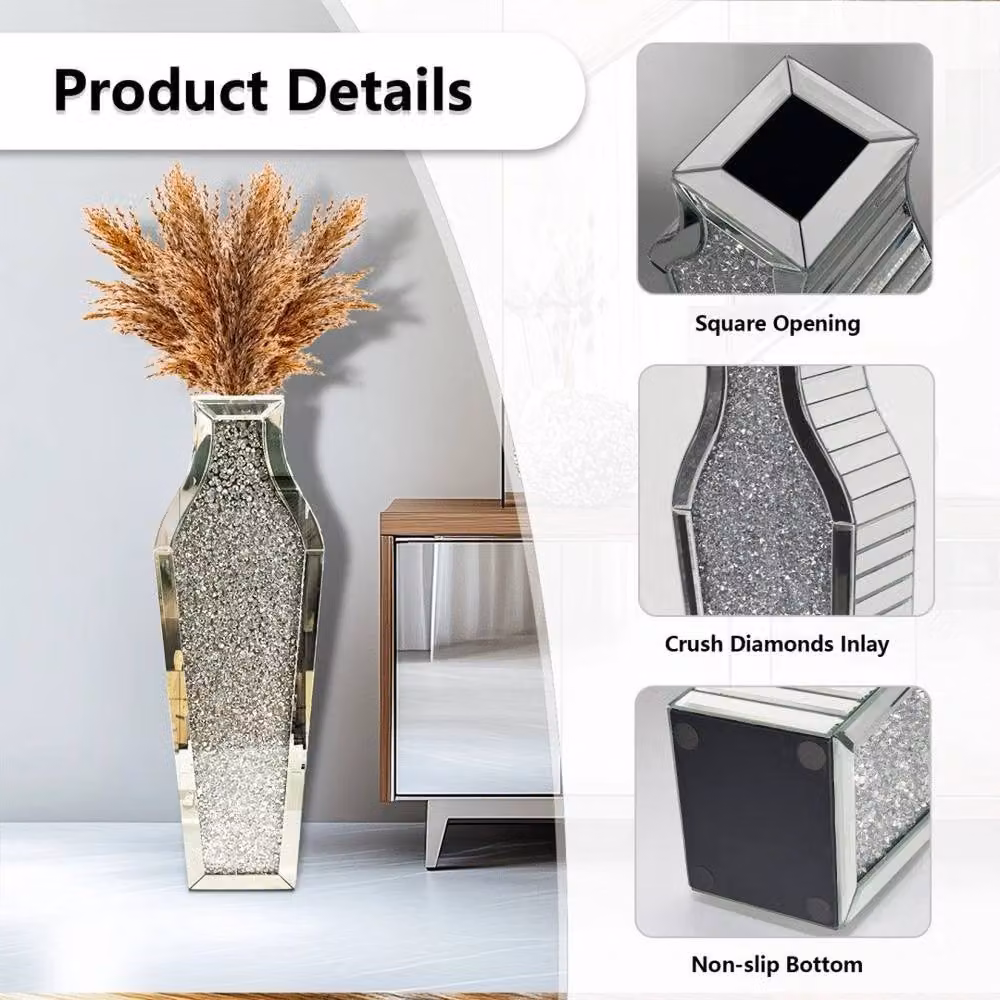 PAWNORA XL Crushed Diamond Mirrored Floor Vase in Silver – 3