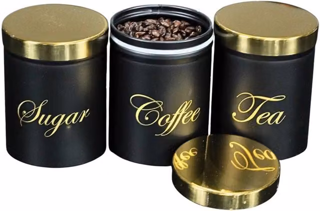 Havendro Black and Gold Set of 3 Airtight Metal and Bamboo Tea, Coffee and Sugar Canisters – 1
