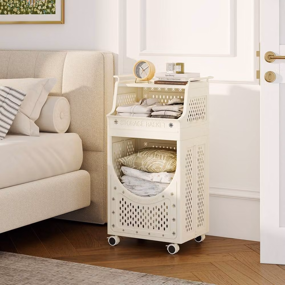 VOGREX 3-Tier Folding Laundry Cart with Lockable Wheels in Beige – 3