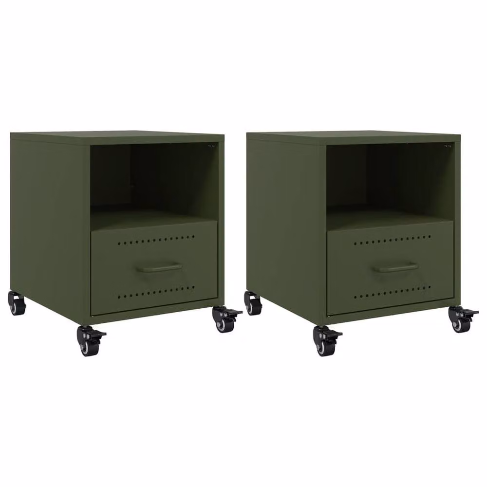 Berkfield Home Set of 2 Stylish Metal Bedside Cabinets in Olive Green, W/D/H: 39 x 39 x 43.5 cm – 2