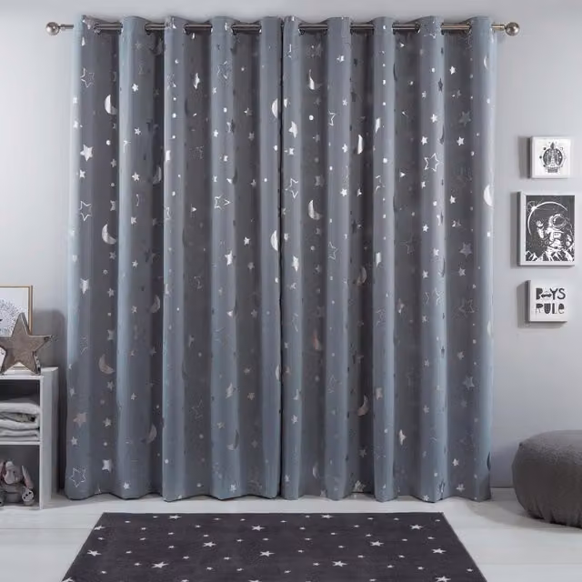 Dreamscene Galaxy Star Eyelet Blackout Curtains in Silver and Grey, Thermal Insulating, Width: 182 cm