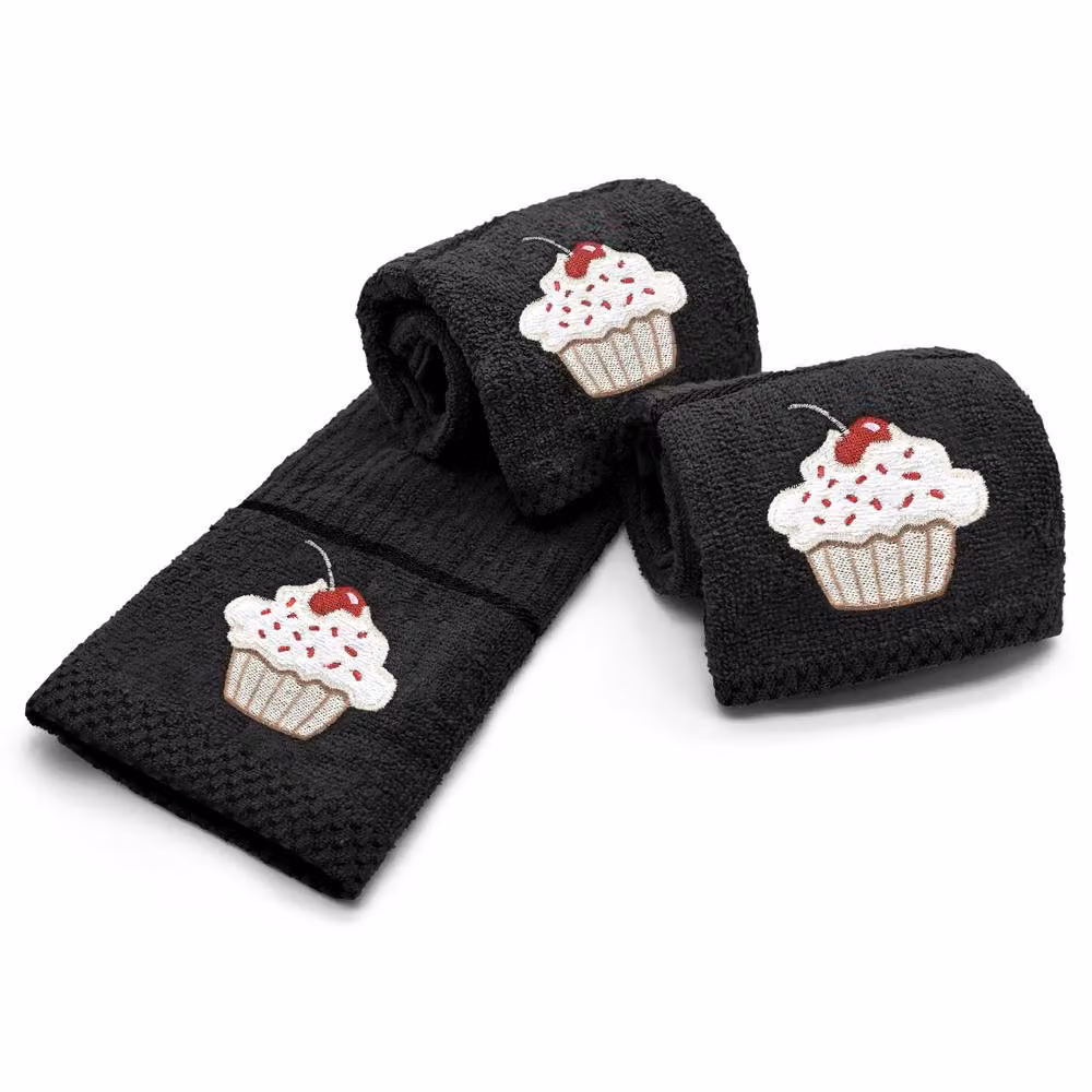 Velosso Cupcakes Embroidered Cotton Tea Towel in Black – 2
