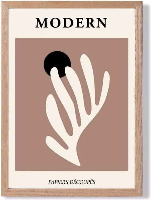 ARTZE Matisse Floral Cutout Mid Century Framed Print in Cream and Brown with Oak Frame, A4