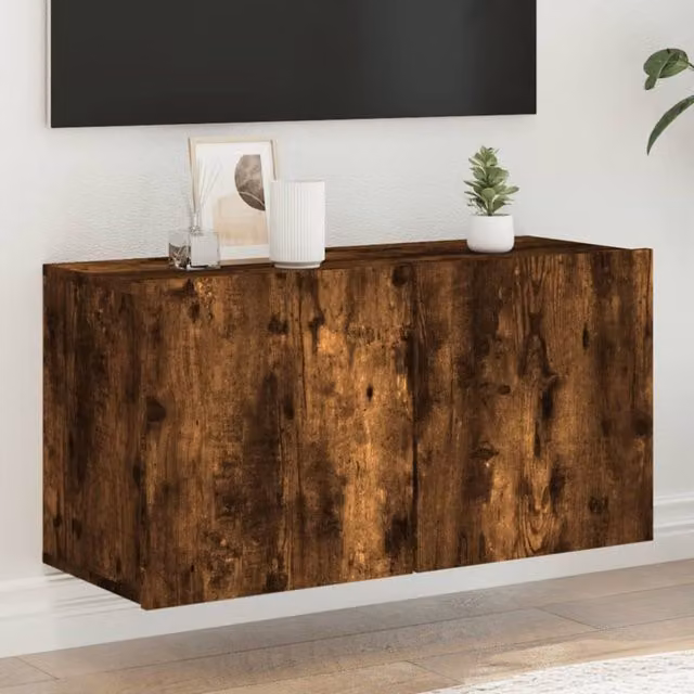 Berkfield Home Wall-mounted TV Cabinet in Smoked Oak Brown, W/D/H: 80 x 30 x 41 cm