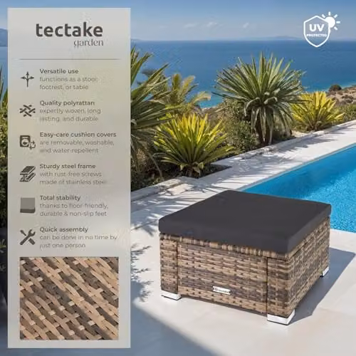 tectake Rectangular Polyrattan Garden Ottoman with Cushions in Beige and Brown, W/D/H: 53.0 x 31.0 x 31.0 cm – 4