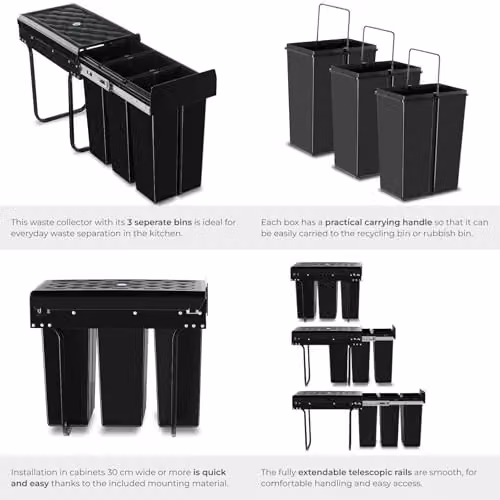 tectake Ashlyn Kitchen Bin with 3 Compartments in Black, 30L Capacity – 4