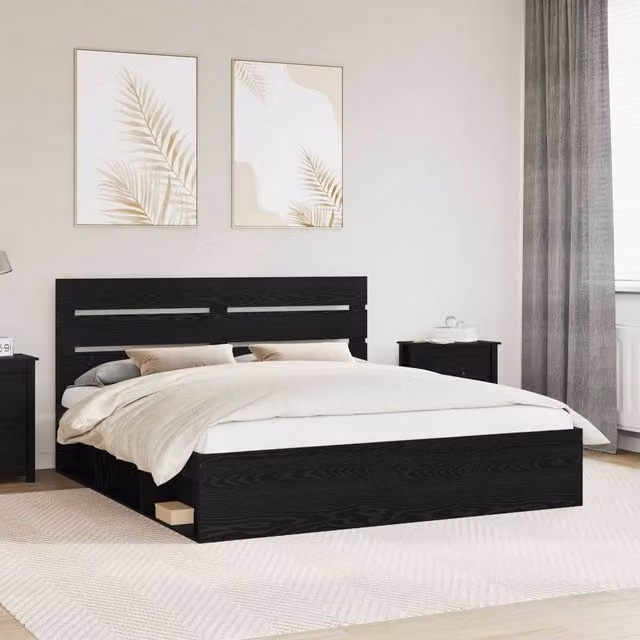 Berkfield Home Modern Bed Frame with Headboard in Black Solid Pine Wood, 200 x 200 cm