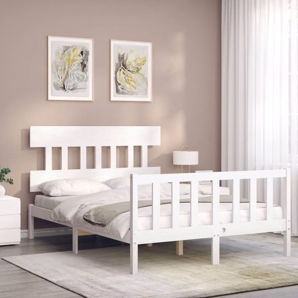 Berkfield Home Solid Wood Bed Frame with Headboard in White, W/D/H: 140 x 200 cm – 2