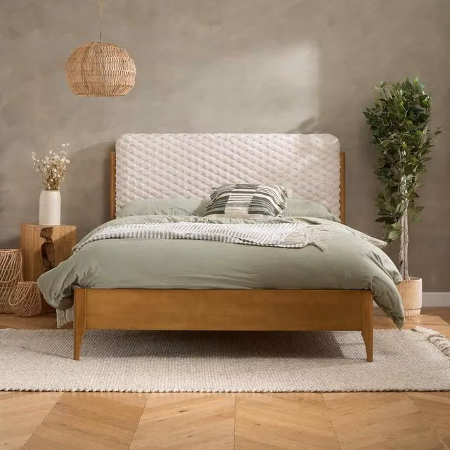 Birlea Hatti White Fabric and Oak Solid Wood Bed Frame, 140 x 200 cm