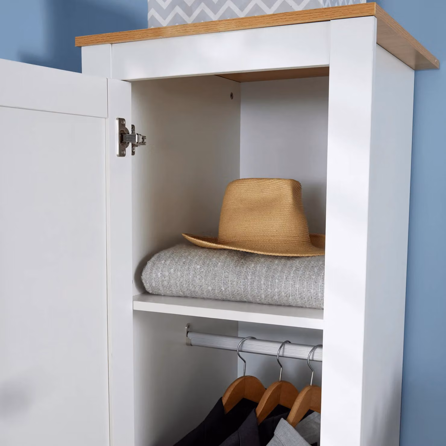 Home Source 1 Door Wardrobe with Oak Top and Internal Shelving in White – 2