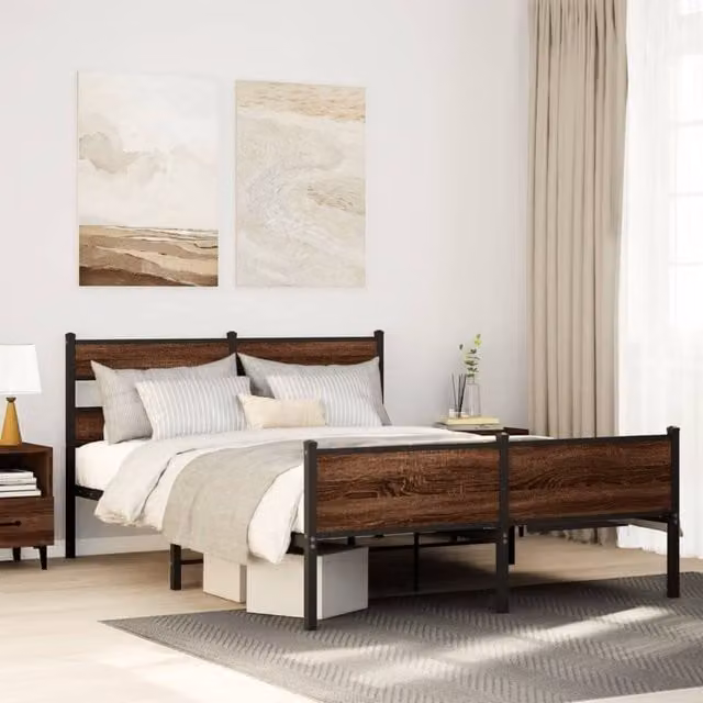 Berkfield Home Metal Bed Frame in Brown Oak, W: 160 cm, D: 200 cm