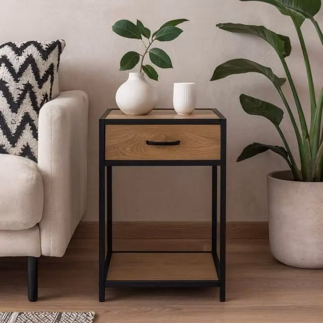 Wyld Haus El Paso Bedside Table with 1 Drawer, Wild Oak Top and Black Steel Base, Natural/Black/Brown, W/D/H: 35 x 35 x 63 cm – 1