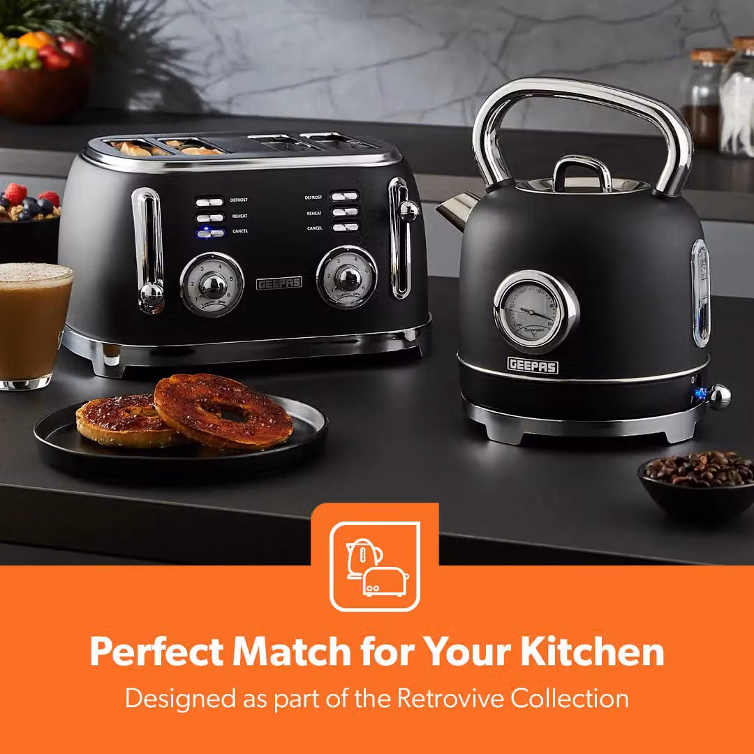 Geepas Retrovive 1.8L Electric Kettle and 4 Slice Bread Toaster Kitchen Combo Set, Black Stainless Steel – 2