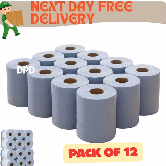 NESTLUNE 12 Jumbo Workshop Hand Towel Rolls, 2 Ply, Centre Feed, Blue, W: 15 cm, L: 100 cm
