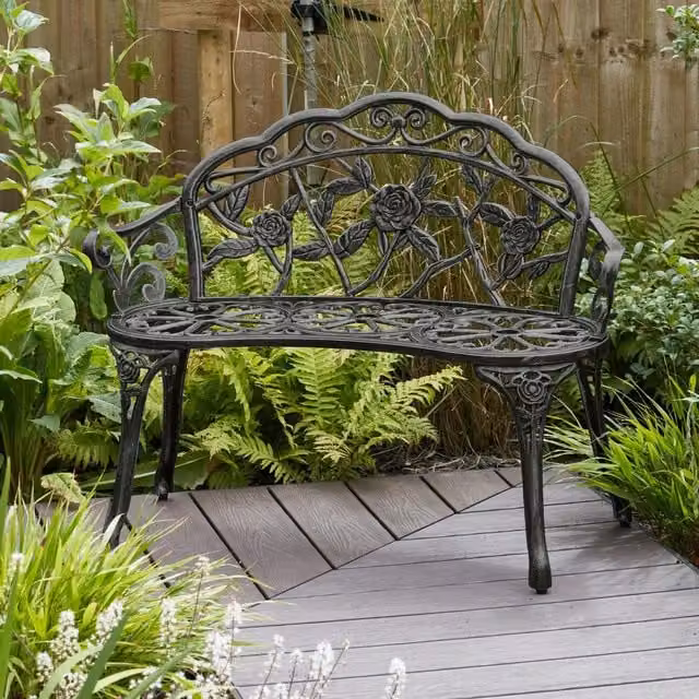 Home Source Black Cast Aluminium 2 Seater Garden Bench with Floral Metal Frame