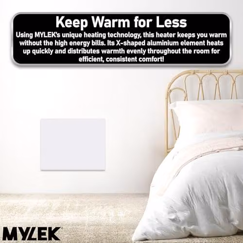 MYLEK 1000W White Slimline Wall Mounted Aluminium Electric Panel Heater, W/H: 50 x 42.5 cm – 6