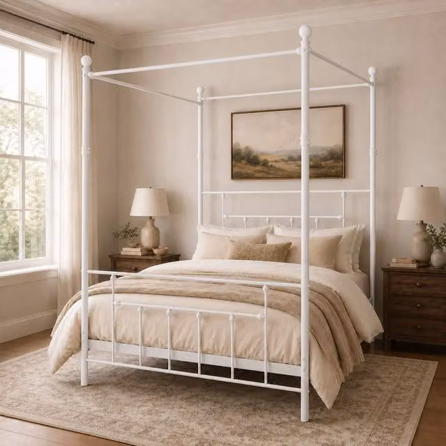 SquareBoxx Charlotte Double Four Poster Metal Bed Frame with Metal Slats in White, W/D/H: 140 x 200 cm – 1