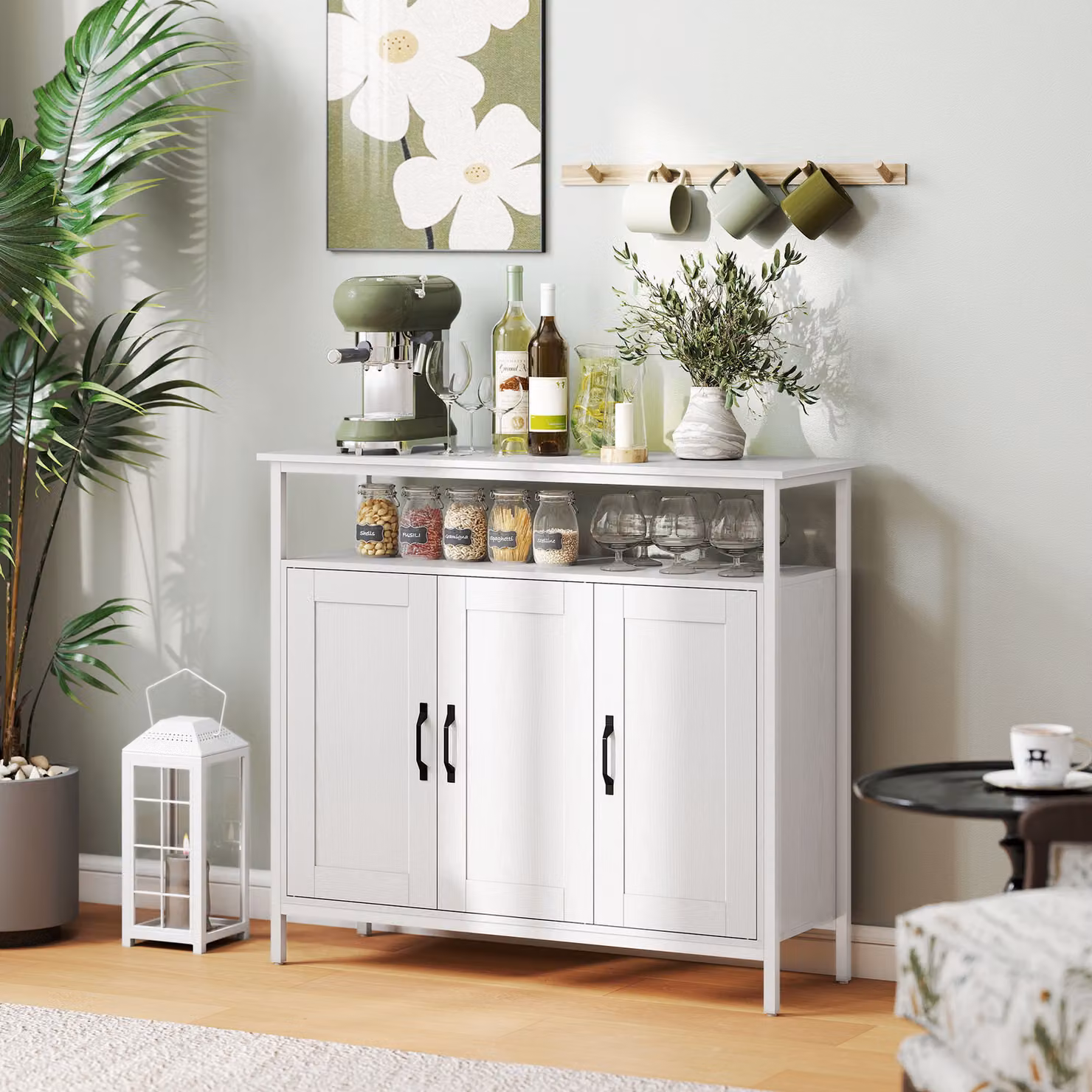 HOMCOM Industrial Kitchen Sideboard in White with Open Shelf, 2 Cabinets and Adjustable Shelves – 5