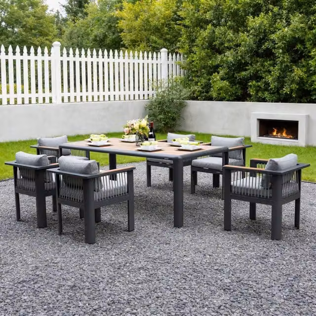 MIMO Grey Powder Coated Aluminium Outdoor Garden Dining Set with 6 Chairs and Teak Armrests