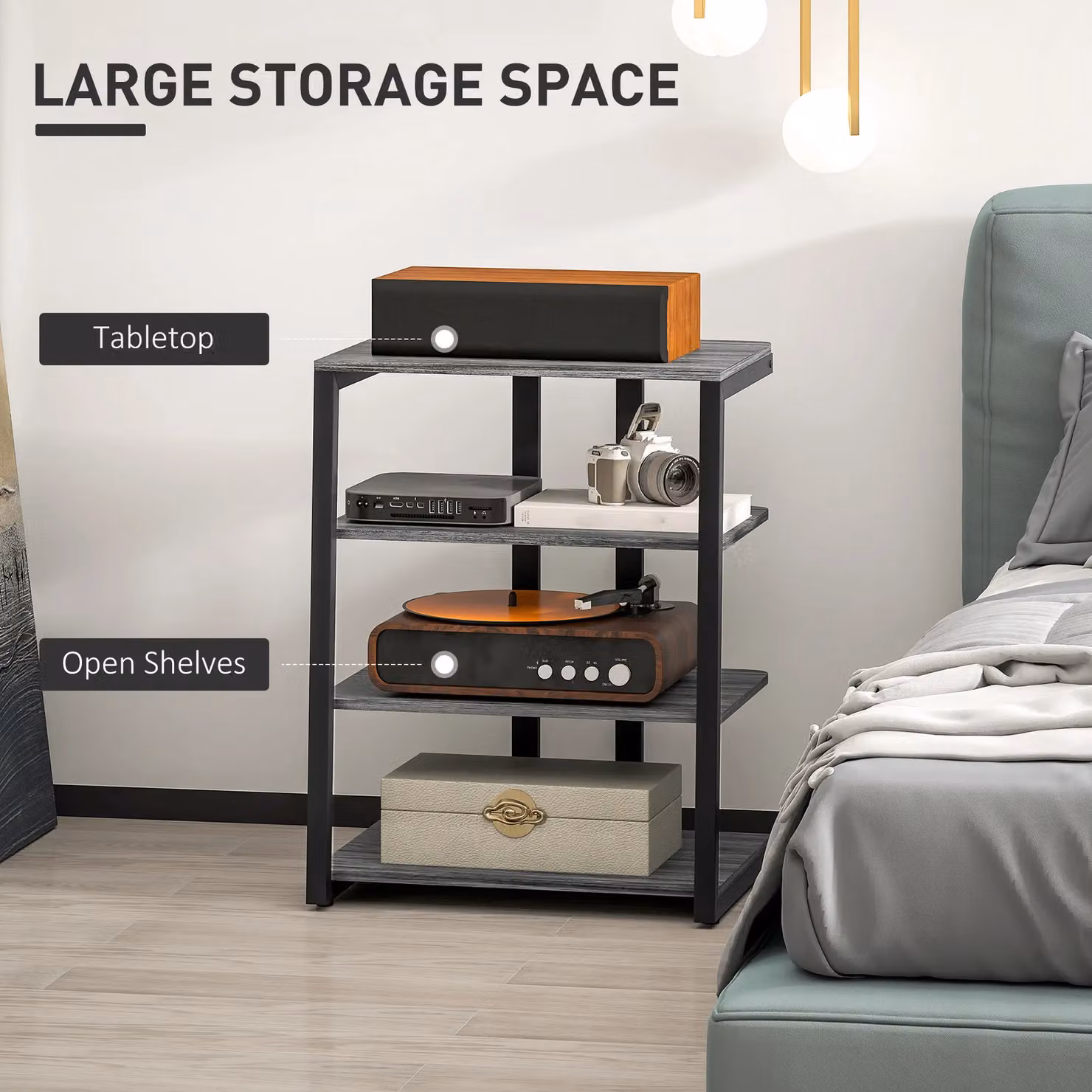 HOMCOM 4-Tier HiFi Media Storage Rack and Record Player Stand in Dark Grey – 4