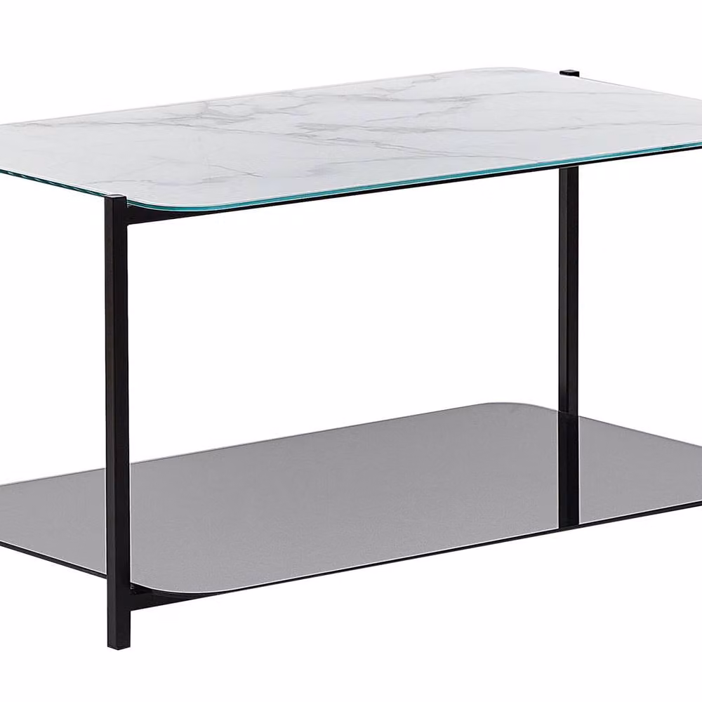 Wyld and Coco Marble Effect Tempered Glass Coffee Table in Black and White with Black Steel Base, W/D/H: 47 x 40 x 47 cm – 2