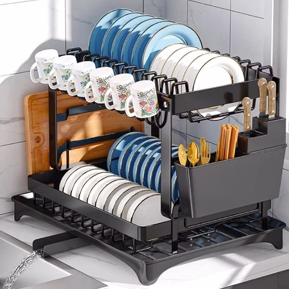 PAWNORA 2-Tier Dish Rack and Plate Cup Drying Drainer with Drip Tray, Black – 3