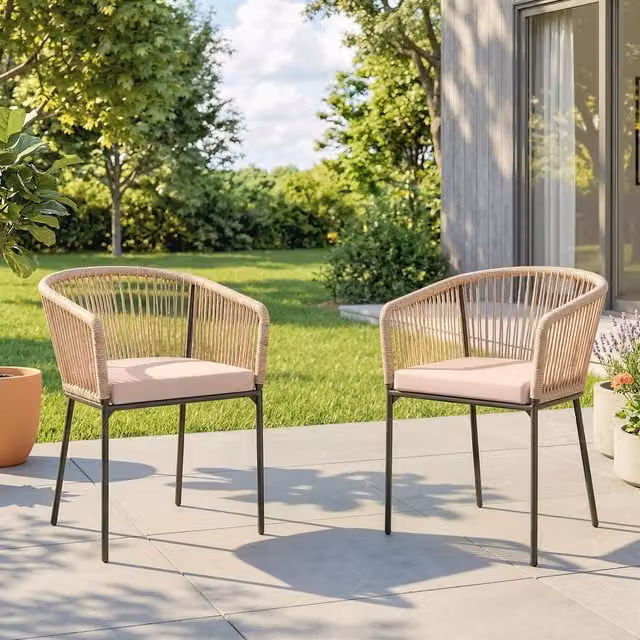 Outsunny Rattan Garden Dining Chairs with Armrests and Beige Cushions in Brown