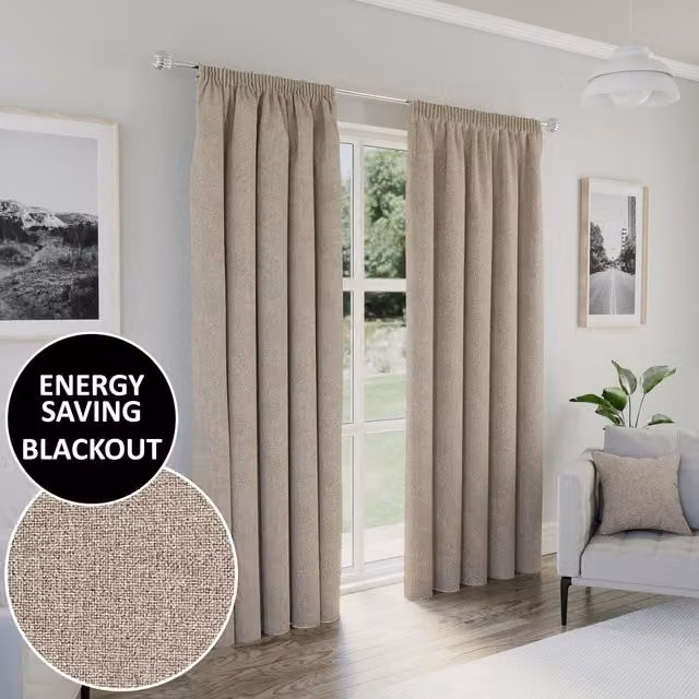 Enhanced Living Beige and Brown Thermal Insulating Blackout Pencil Pleat Curtains, W: 137 cm, H: 168 cm