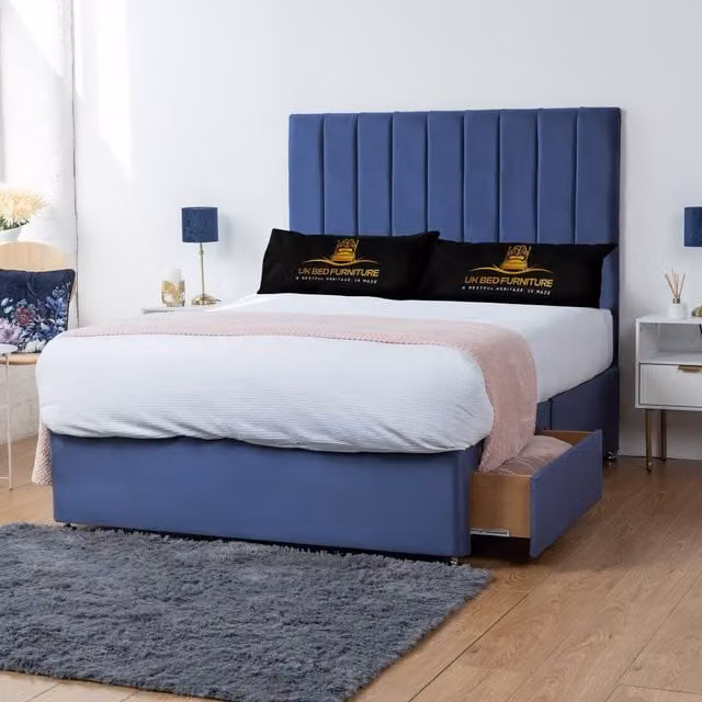 UK Bed Furniture Ashford Blue Fabric Divan Bed with 2 Drawers and 26 Inch Headboard, W/D/H: 140 x 200 x 66.04 cm