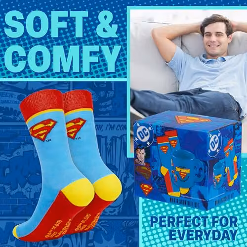 DC Comics Superman Mug and Calf Socks Set in Blue and Red, 315ml – 3