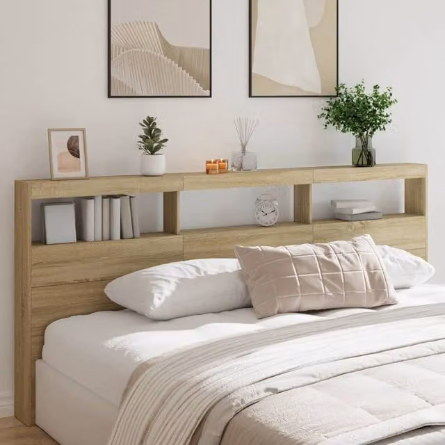 Berkfield Home Modern Headboard Cabinet with LED in Sonoma Oak Brown, W/D/H: 220 x 17 x 102 cm – 1
