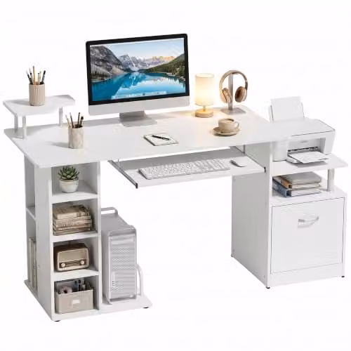 HOMCOM Modern Computer Desk in White and Silver, W/D/H: 120 x 60 x 76 cm – 1